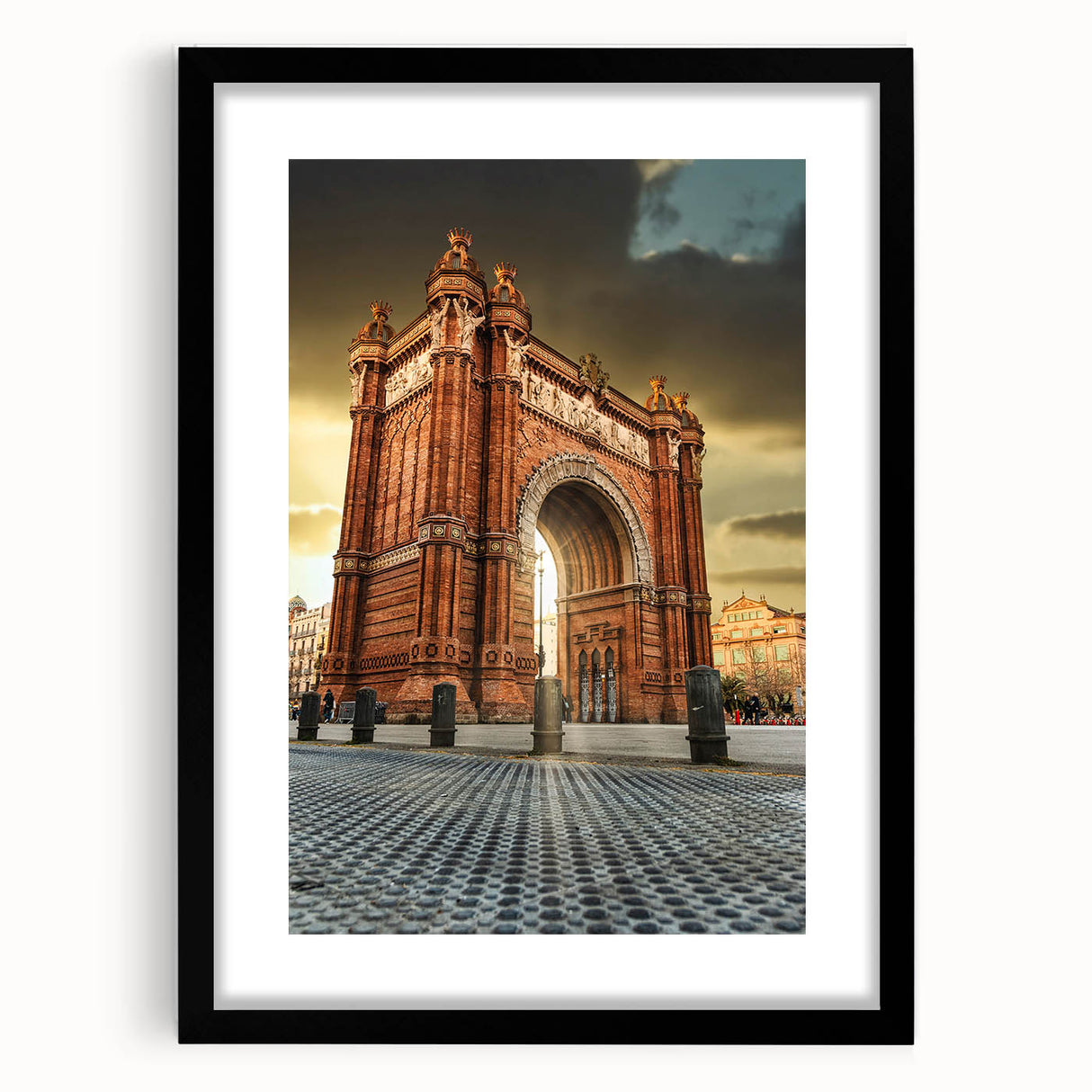 Extra large abstract art print featuring a colorful, textured depiction of Barcelona on a black framed canvas.