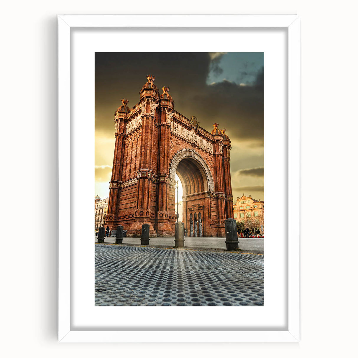 Textured abstract art print of Barcelona scenery in muted earth tones on a framed white mat, ideal for bedroom art.