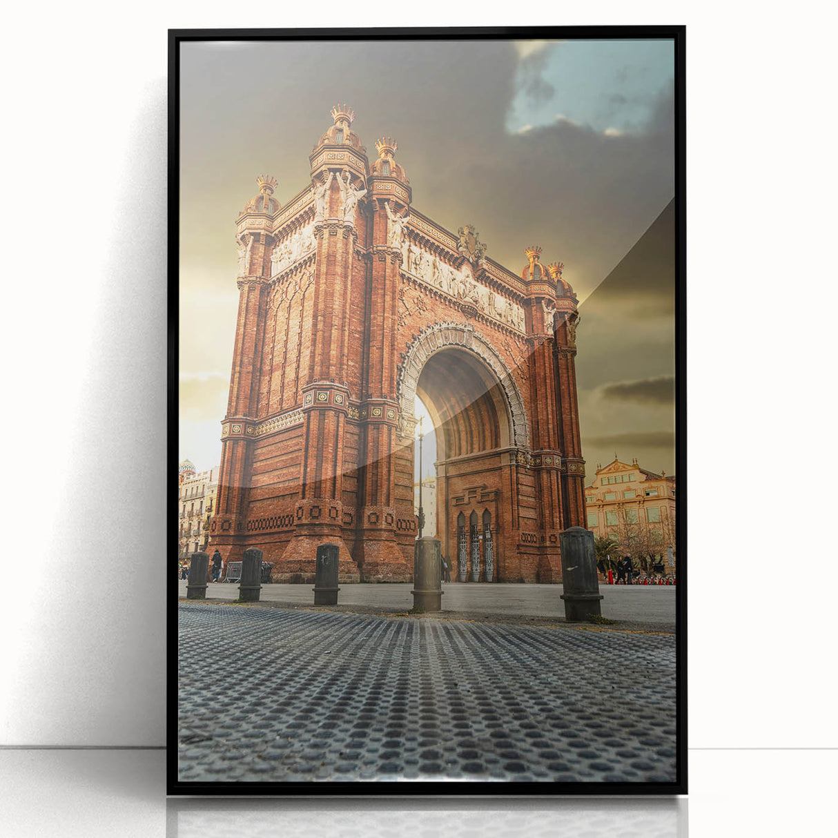 Large abstract wall art depicting a colorful Barcelona skyline on framed acrylic, ideal for modern living room decor.