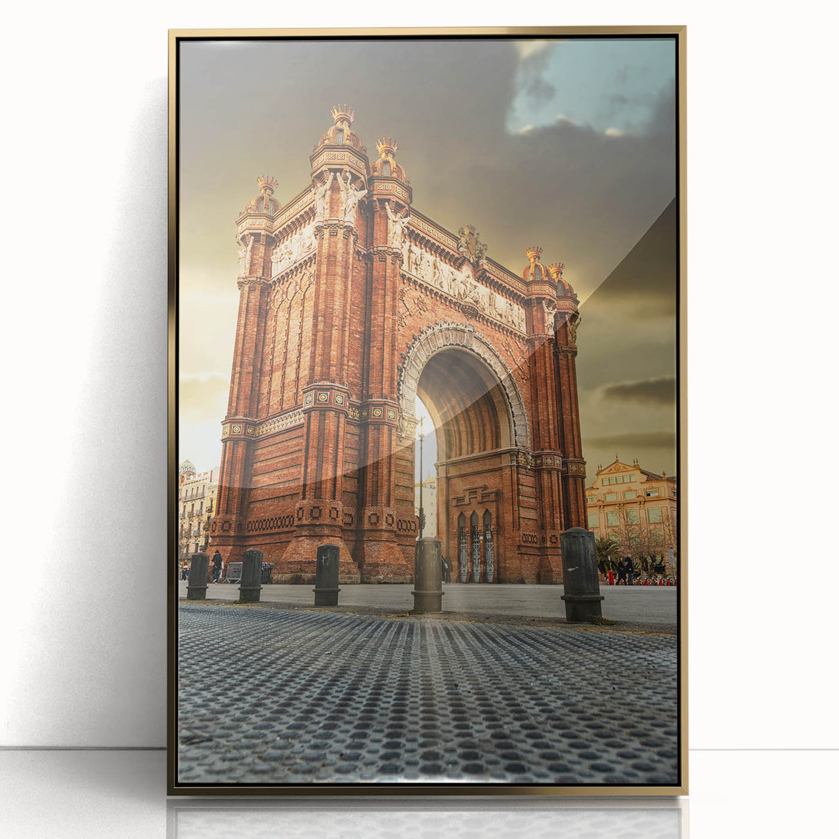 Acrylic print of Barcelona scenery in art deco style, featuring muted gold and blue tones.