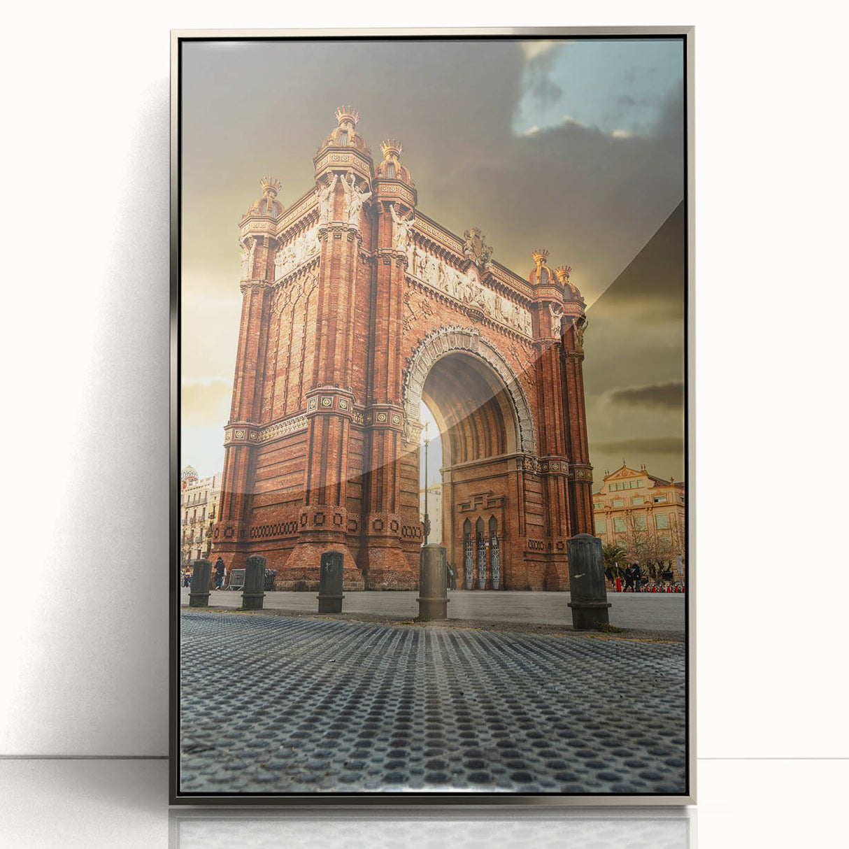 Large art print of Barcelona scenery in muted earth tones on framed acrylic, ideal for modern art wall decor.