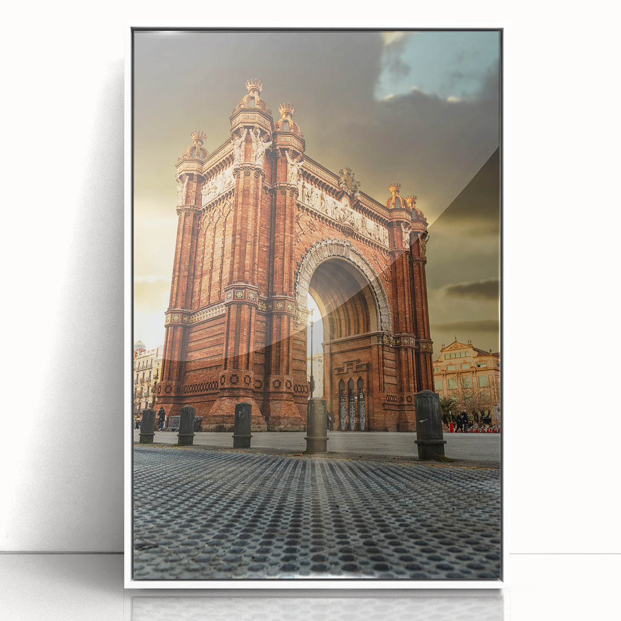 Mid-century modernist art featuring a Barcelona cityscape in muted pastel shades on a framed acrylic print.