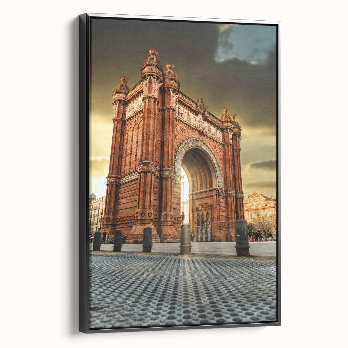 Black and white framed canvas of a vintage Barcelona landscape, ideal for bedroom wall decor.