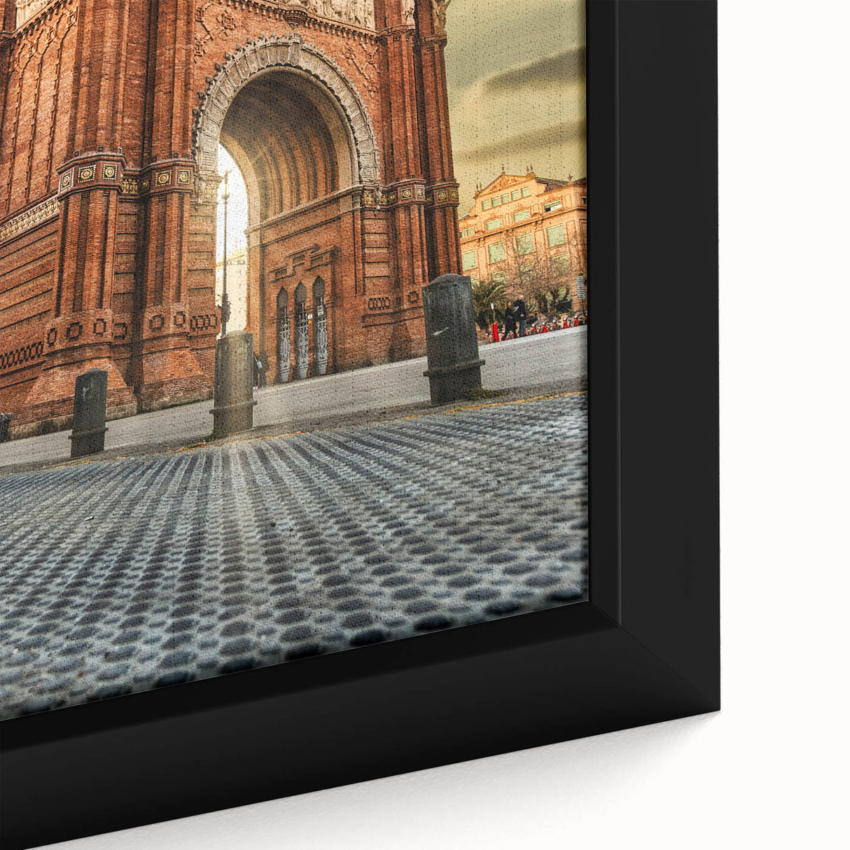 Extra large framed canvas featuring a textured, colorful depiction of Barcelona's cityscape, ideal for living room decor.