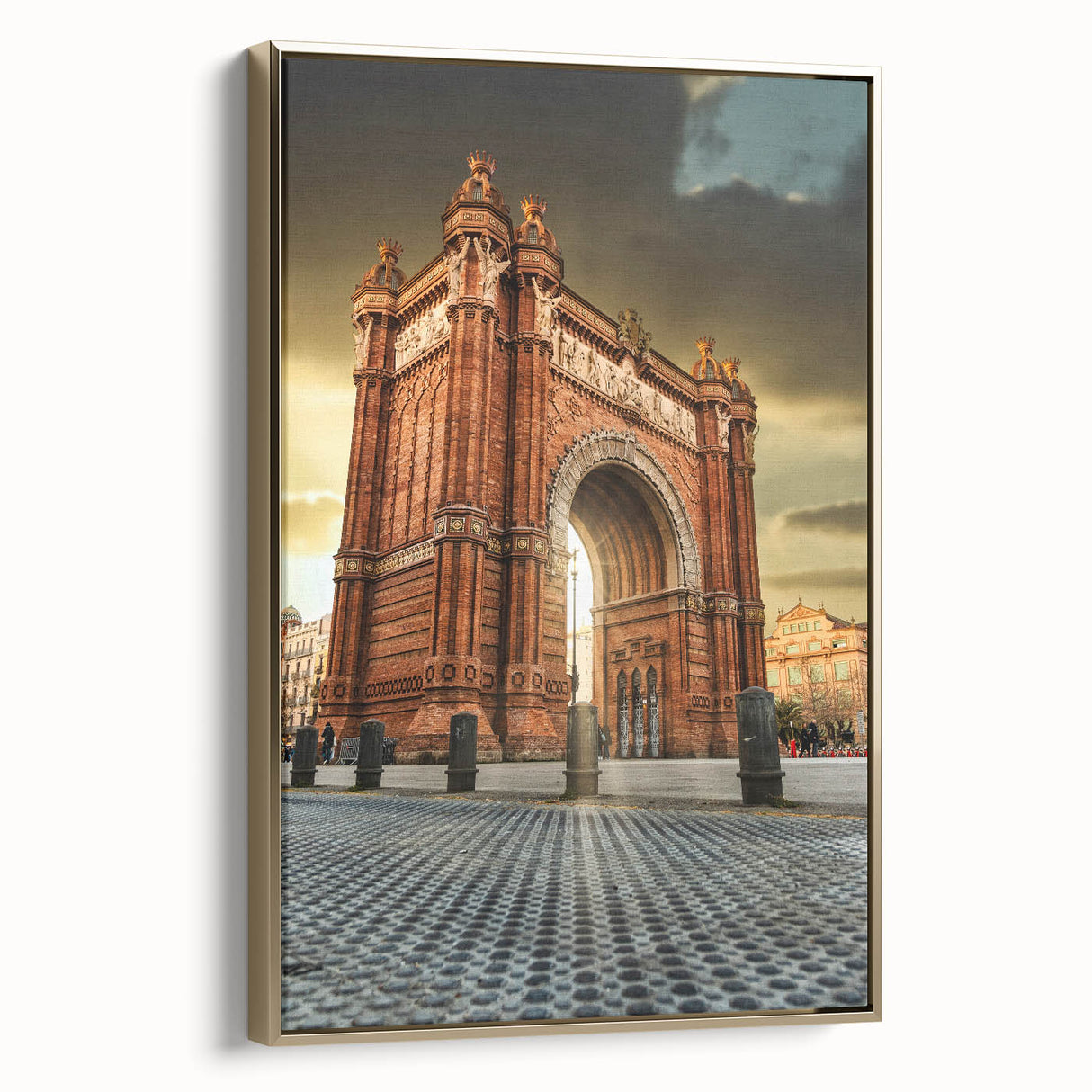 Framed canvas of a vintage Barcelona landscape in black and gold tones, ideal for bedroom wall decor.