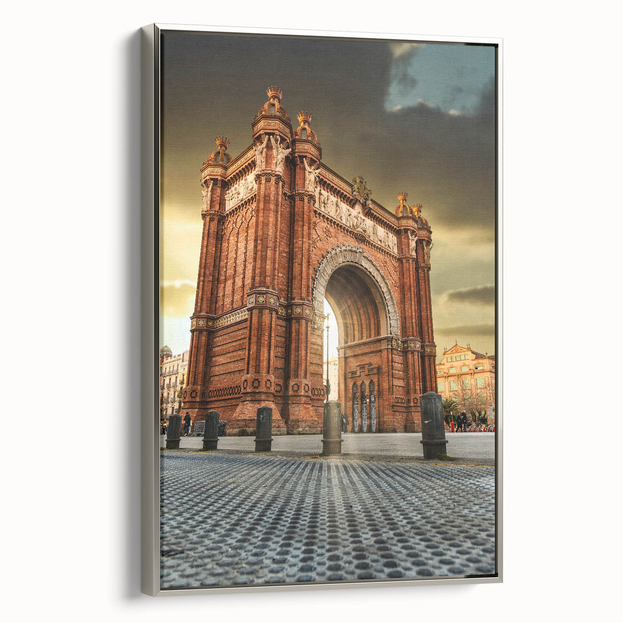 Framed canvas depicting a vintage-style Barcelona landscape with colorful art elements.
