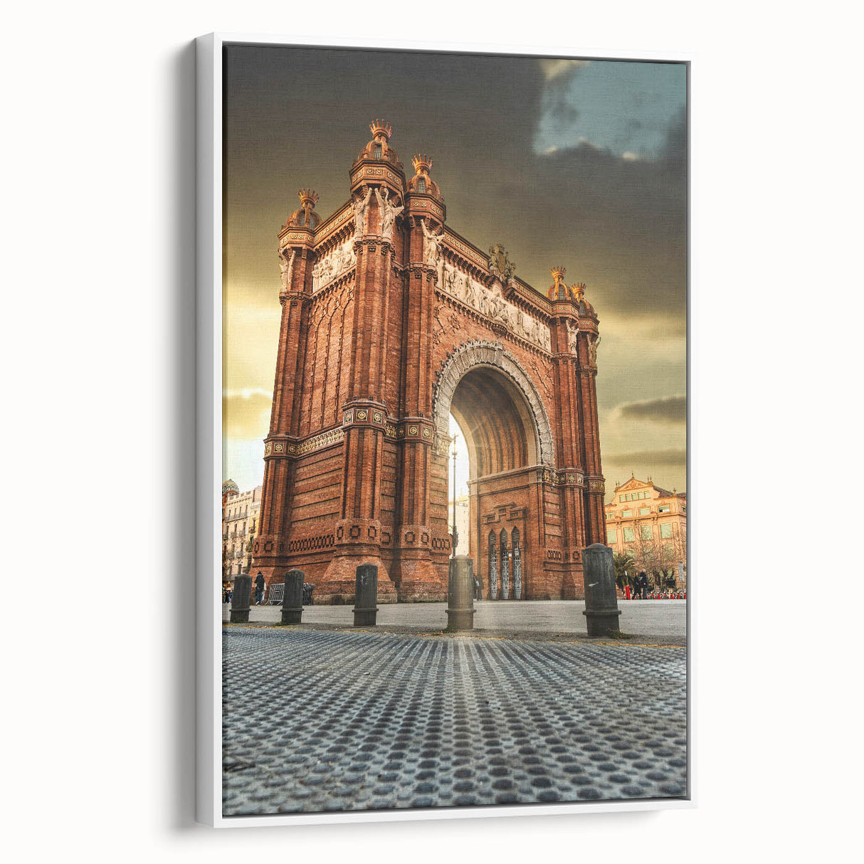 Vintage poster art of Barcelona with colorful, vibrant details on a large framed canvas, ideal for living room decor.