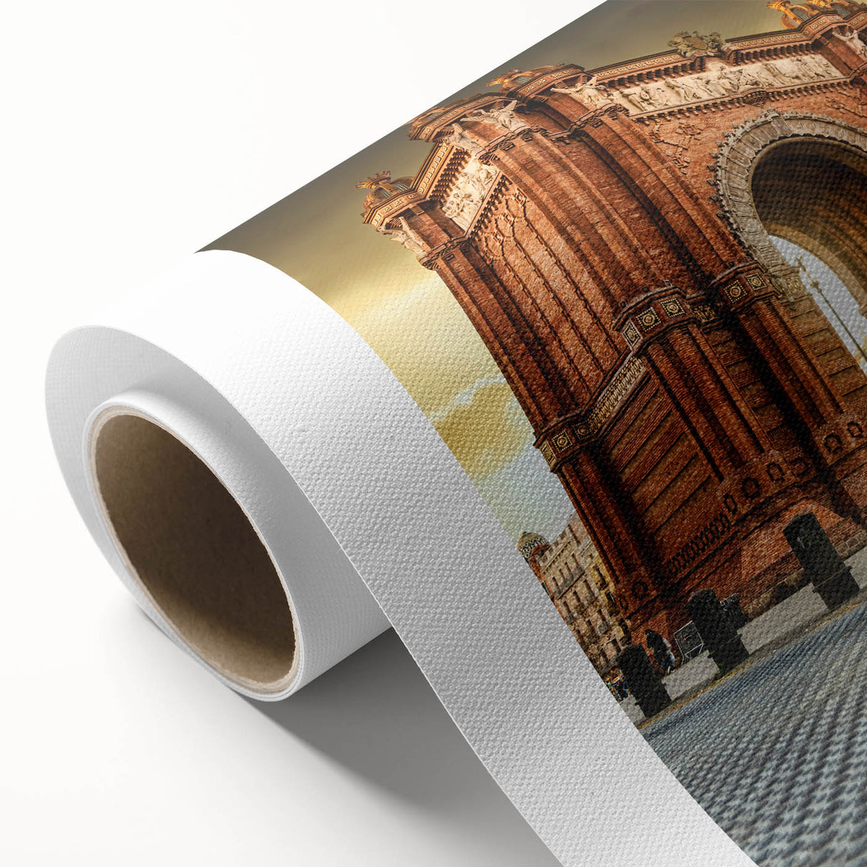 Art Deco poster of Barcelona skyline in pastel shades on rolled canvas, ideal for nursery wall art.