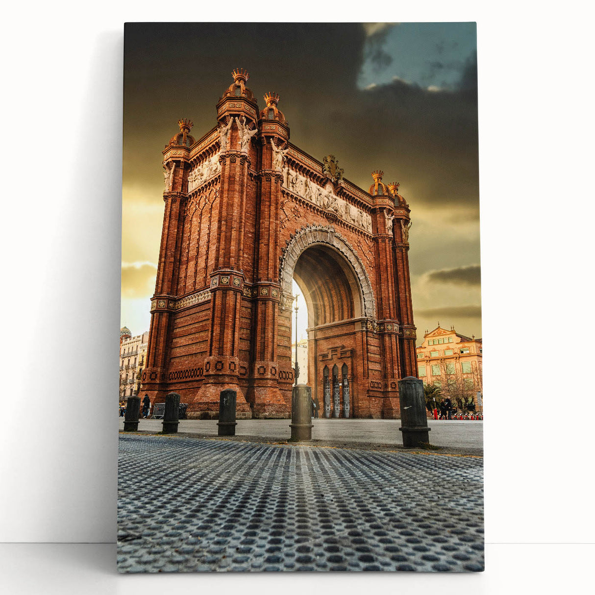 Black and white large art print of Barcelona scenery on stretched canvas, ideal for kitchen wall art.