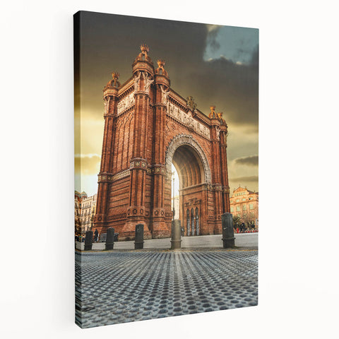 Scenic Barcelona cityscape on stretched canvas with vivid blue and orange tones, ideal for kitchen wall art.