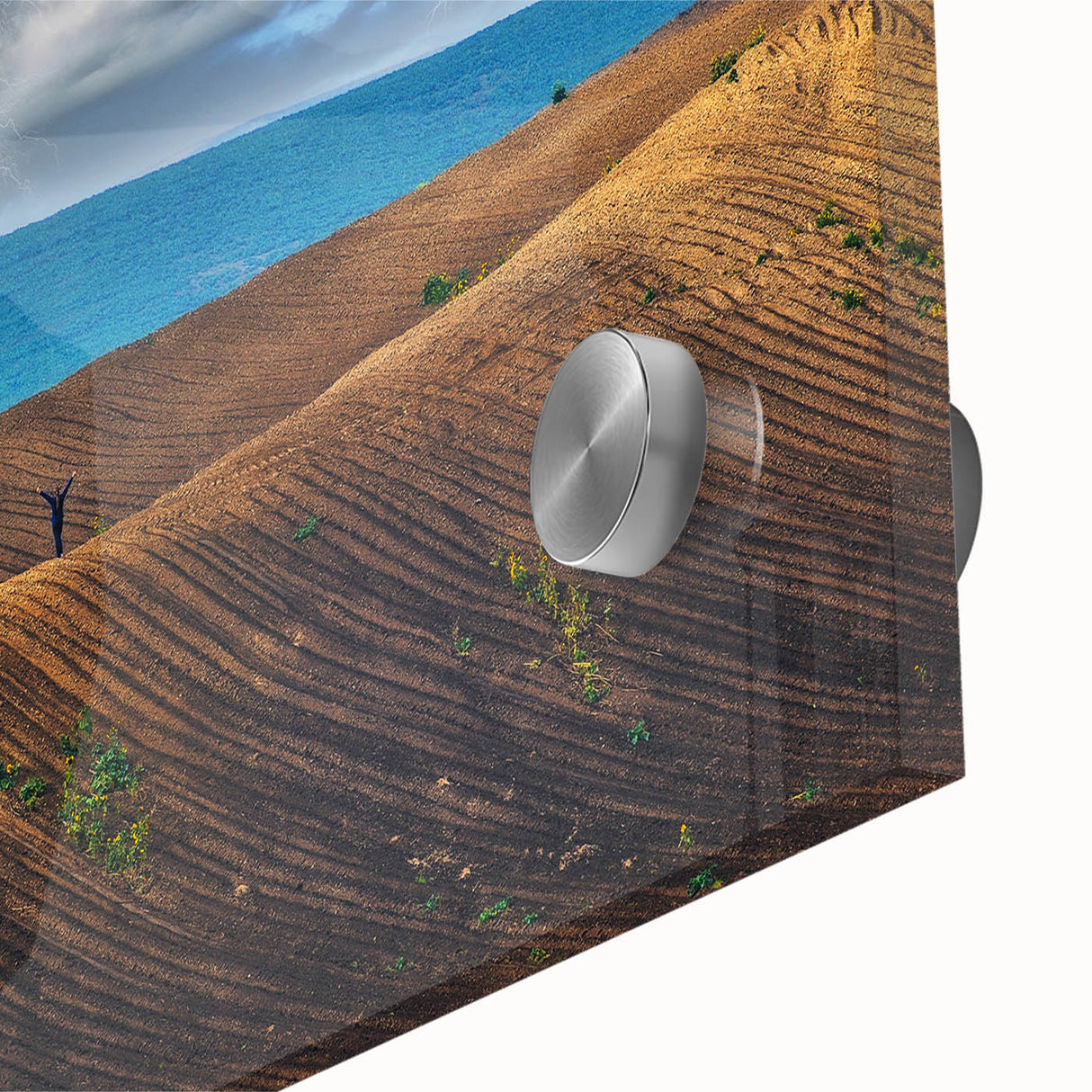 Large abstract wall art of a European scenery in muted earth tones on acrylic glass, suitable for dining room ambiance.