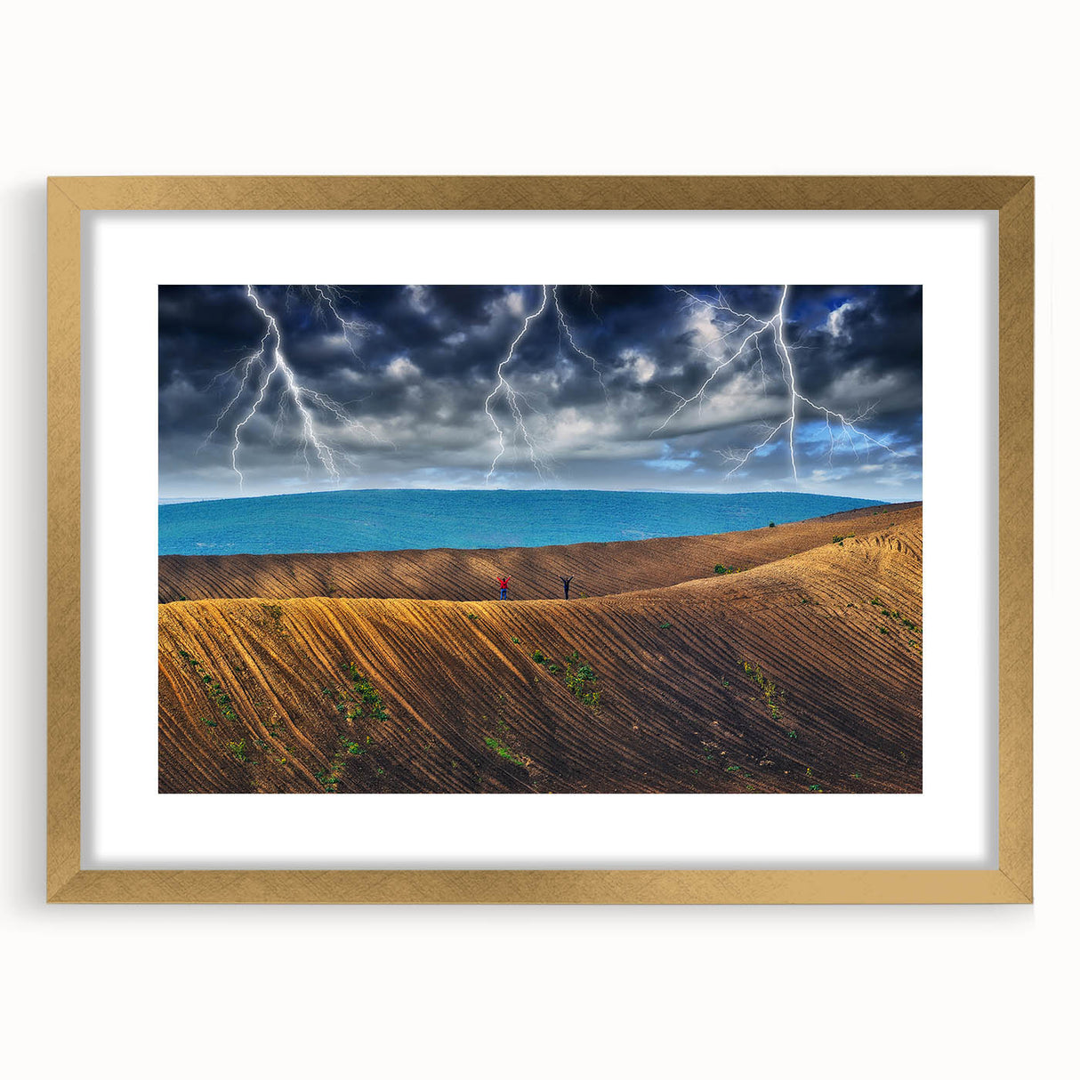 Extra large abstract art print depicting a textured European scenery in muted earth tones, framed in gold.