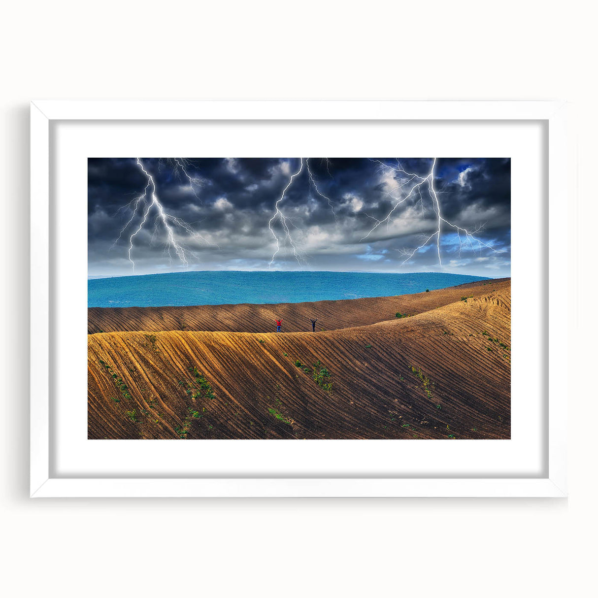 Abstract art print of a vibrant European scenery in a white frame, ideal for dining room decor.