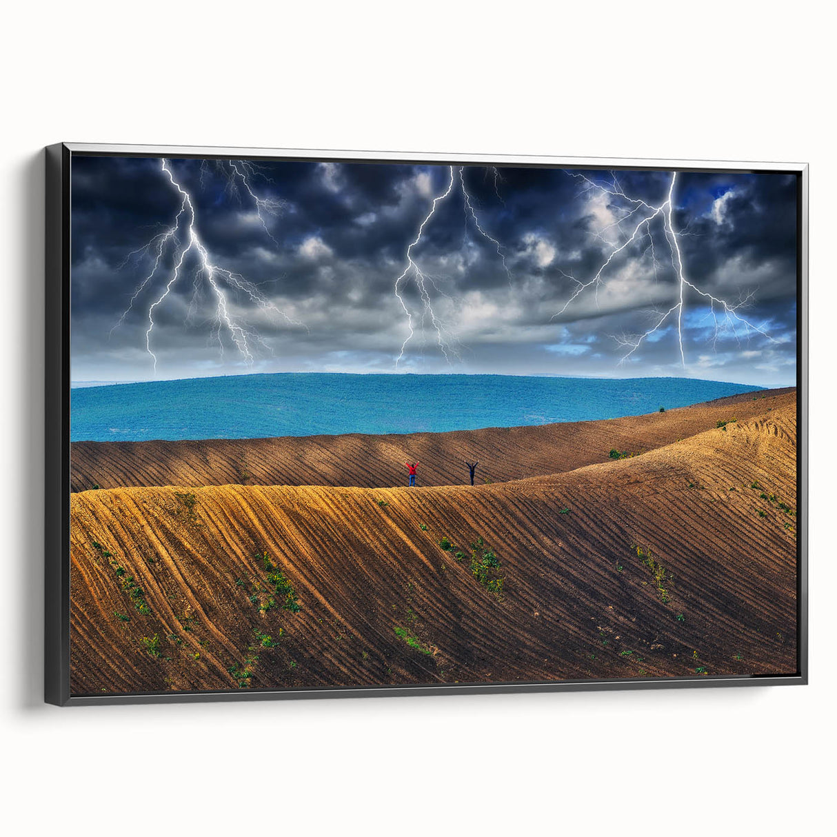 Black and white framed canvas featuring a vintage landscape painting of a Ukrainian scenery, ideal for bedroom decor.
