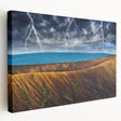 Side view of a stretched canvas featuring a scenic European landscape in muted earth tones, suitable for kitchen wall art.