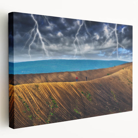 Side view of a stretched canvas featuring a scenic European landscape in muted earth tones, suitable for kitchen wall art.