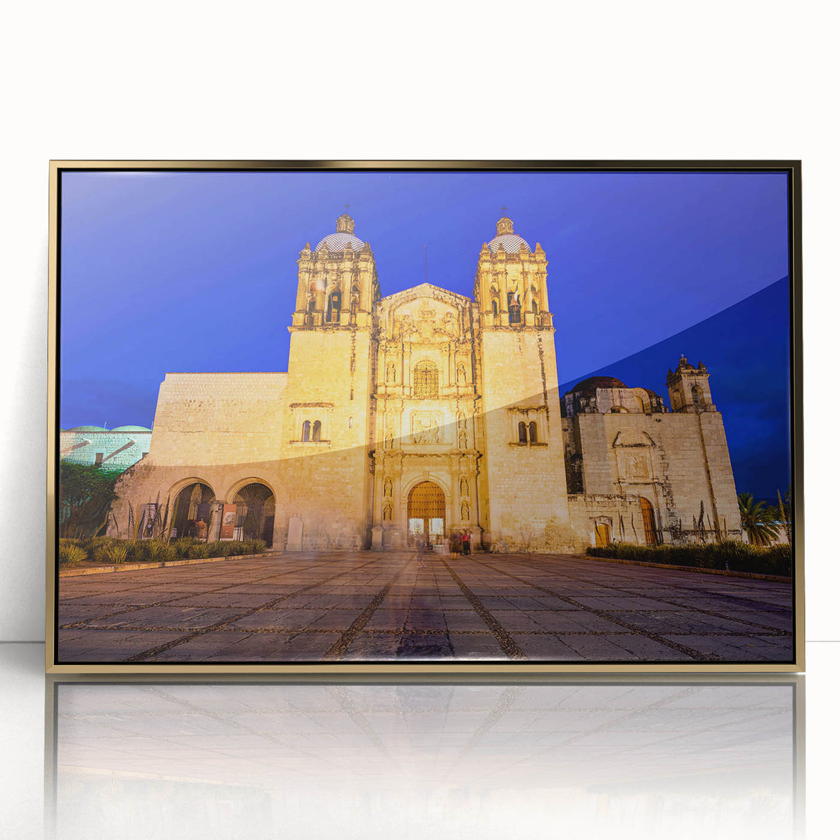 Large art print of Oaxaca, Mexico scenery in mid-century modernist style, featuring golden hues on a framed acrylic.