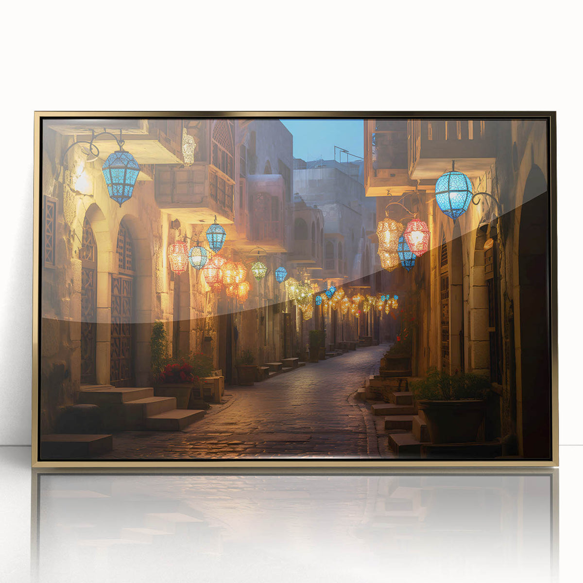 Framed acrylic print of Dubai skyline featuring gold and blue tones, ideal for modern art wall decor.