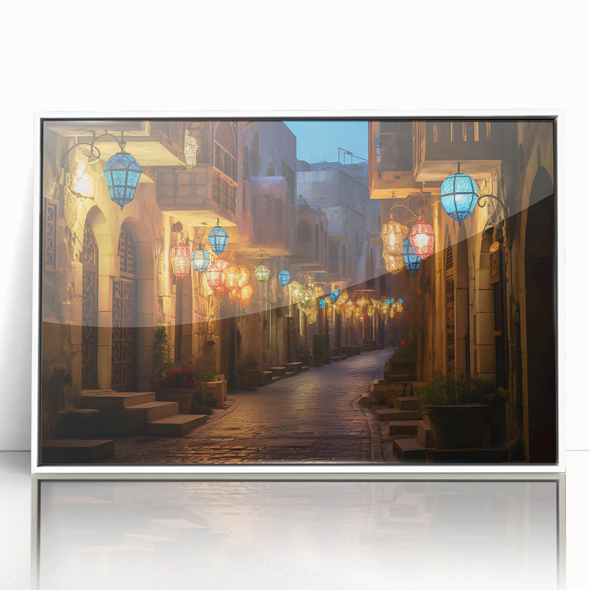 Art deco poster of Dubai skyline in muted gold and white on acrylic, ideal for modern art wall decor.