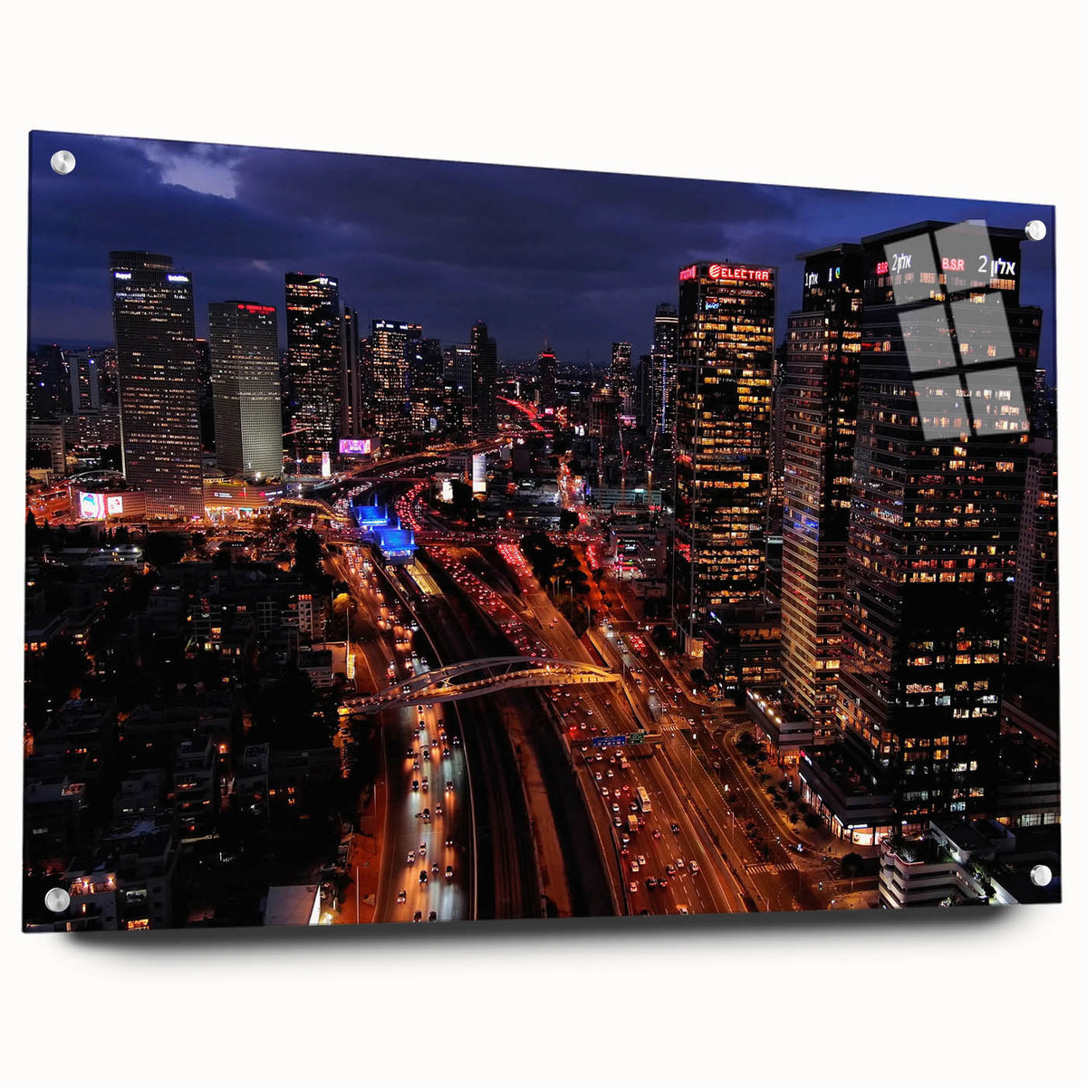 Acrylic print of Tel Aviv skyline in muted earth tones, ideal for dining room decor.