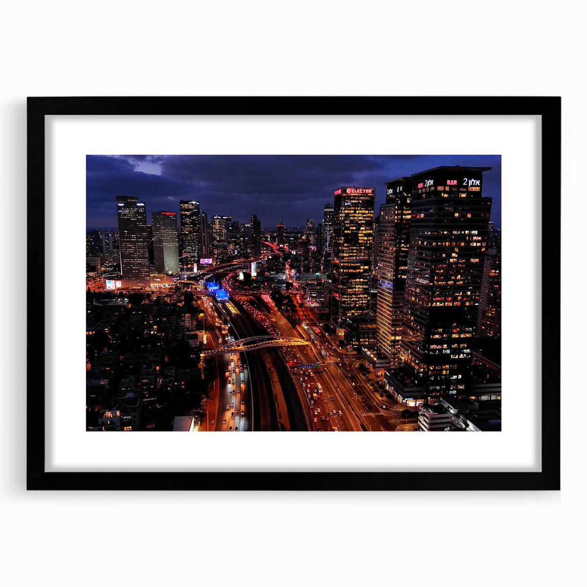 Abstract art print of Tel Aviv with vibrant, colorful textures on a large framed canvas, ideal for living room decor.