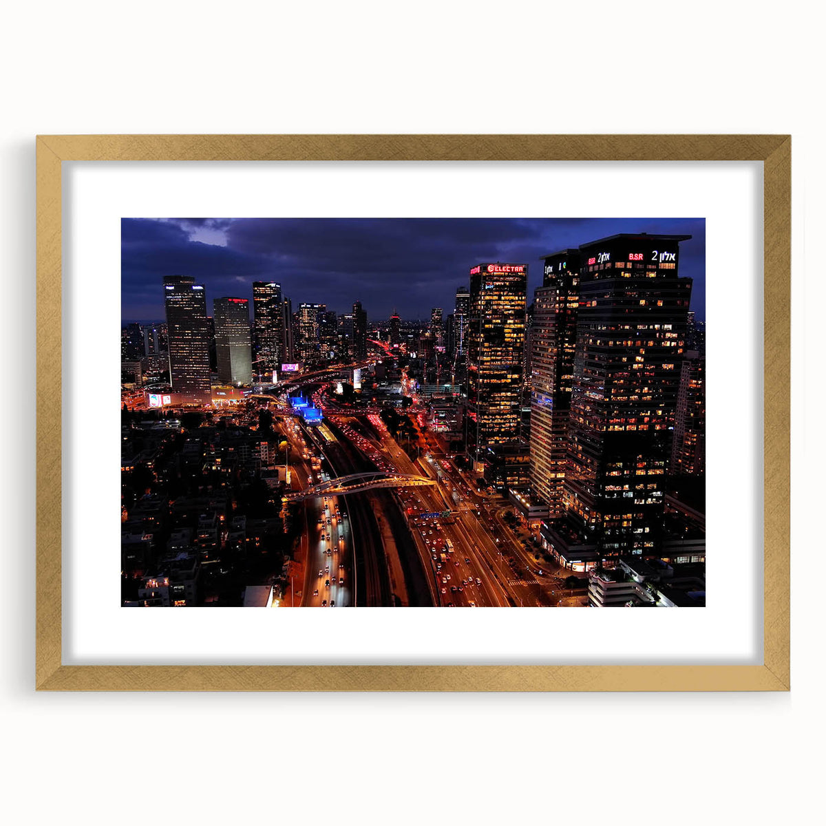 Extra large abstract art print depicting the Tel Aviv skyline in textured gold and blue tones on a framed canvas.