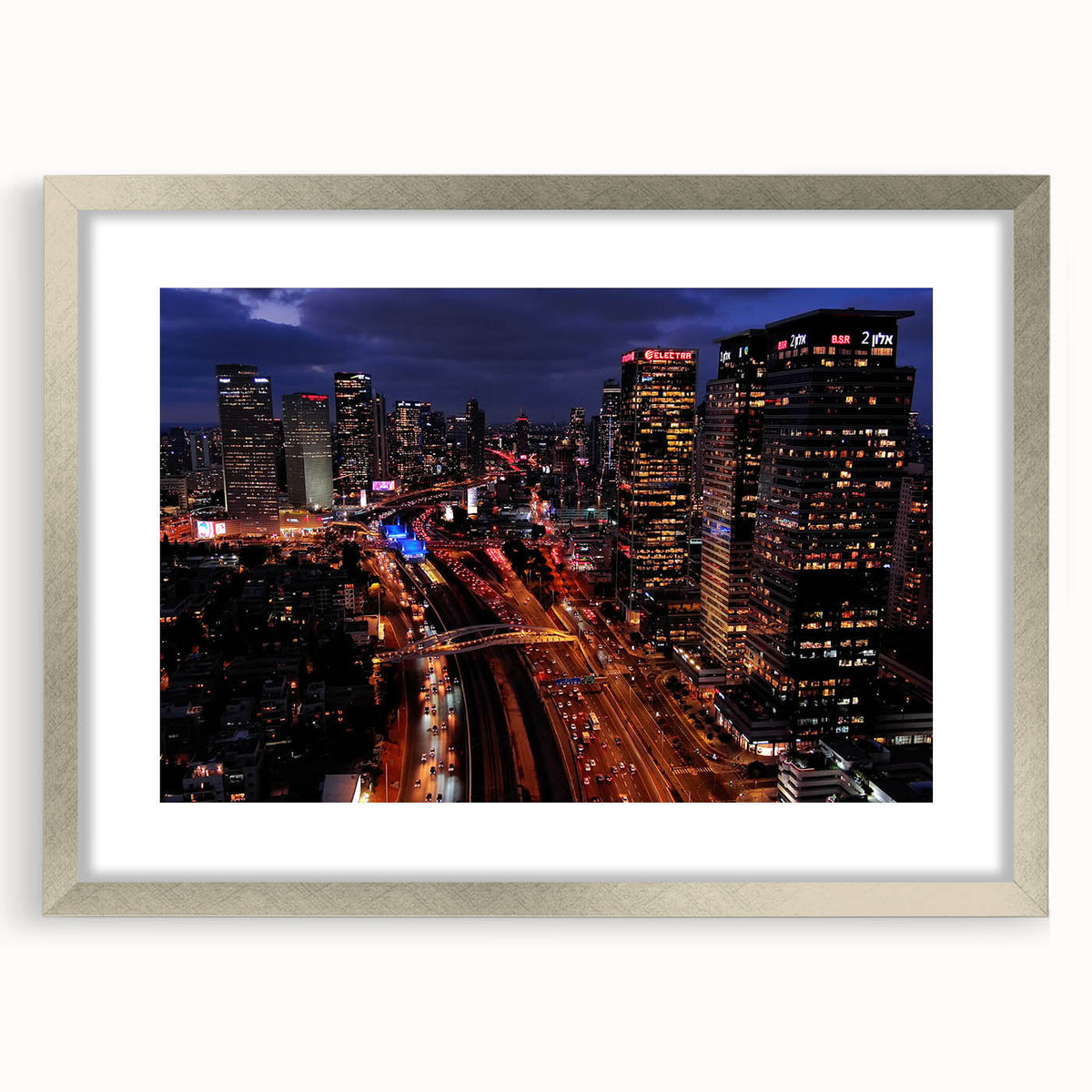 Textured abstract art print of Tel Aviv skyline in muted gray and blue tones on a framed canvas, suitable for bedroom decor.