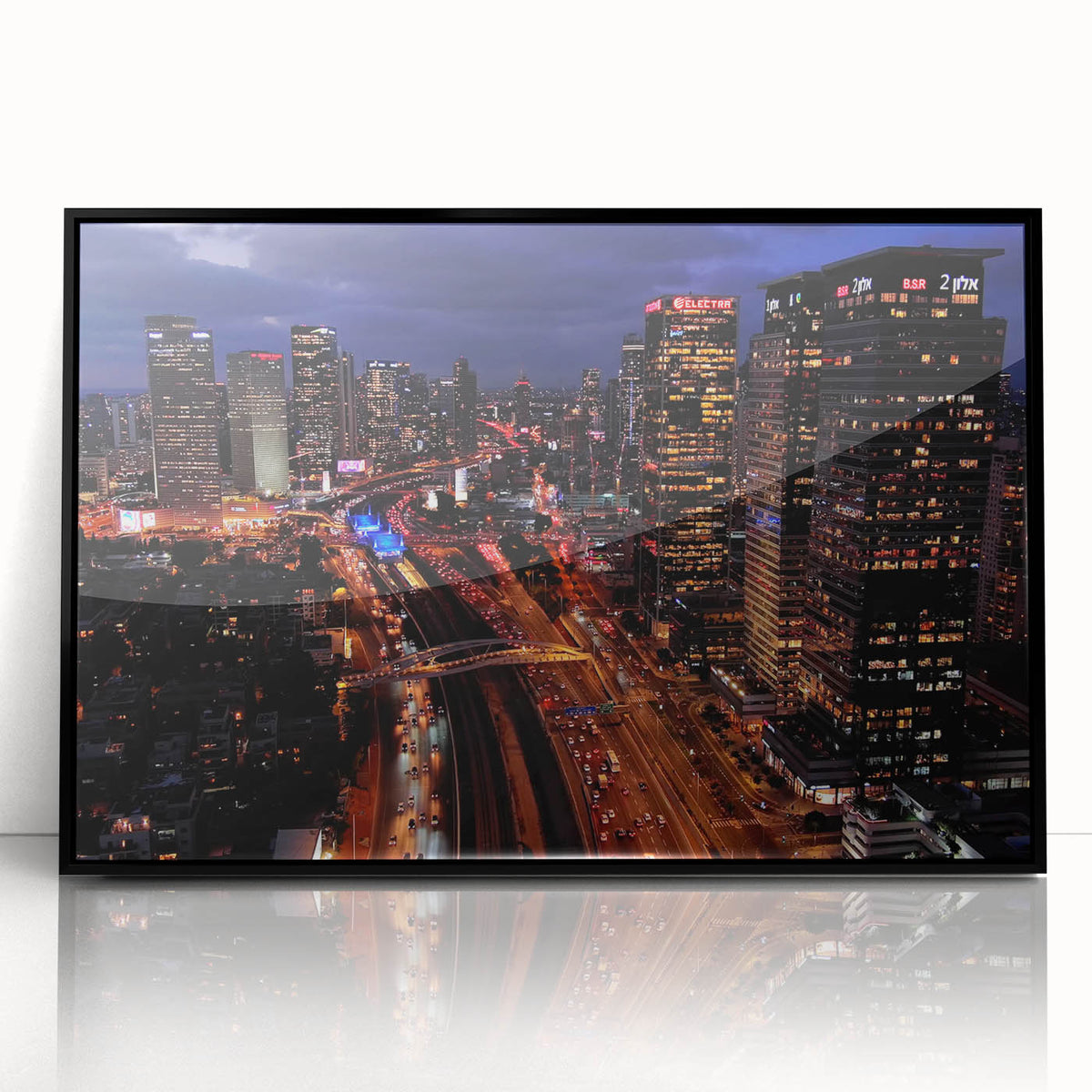 Large abstract wall art depicting the Tel Aviv skyline in muted gray and blue tones on a framed acrylic panel.