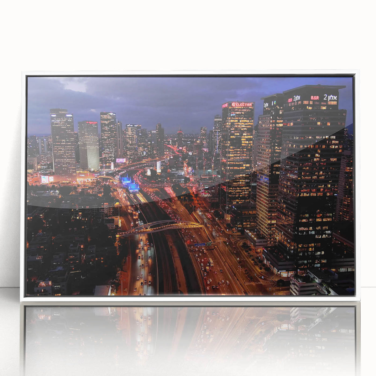 Art Deco style poster of Tel Aviv skyline in muted pastel shades on white framed acrylic, ideal for modern art wall decor.