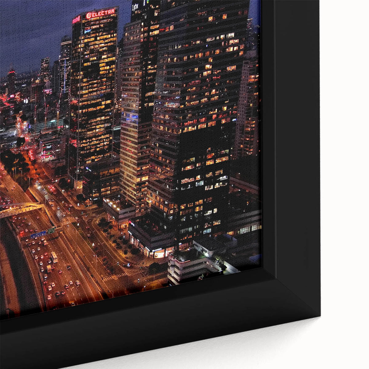 Extra large framed canvas of Tel Aviv skyline in black with colorful, textured details, suited for living room decor.