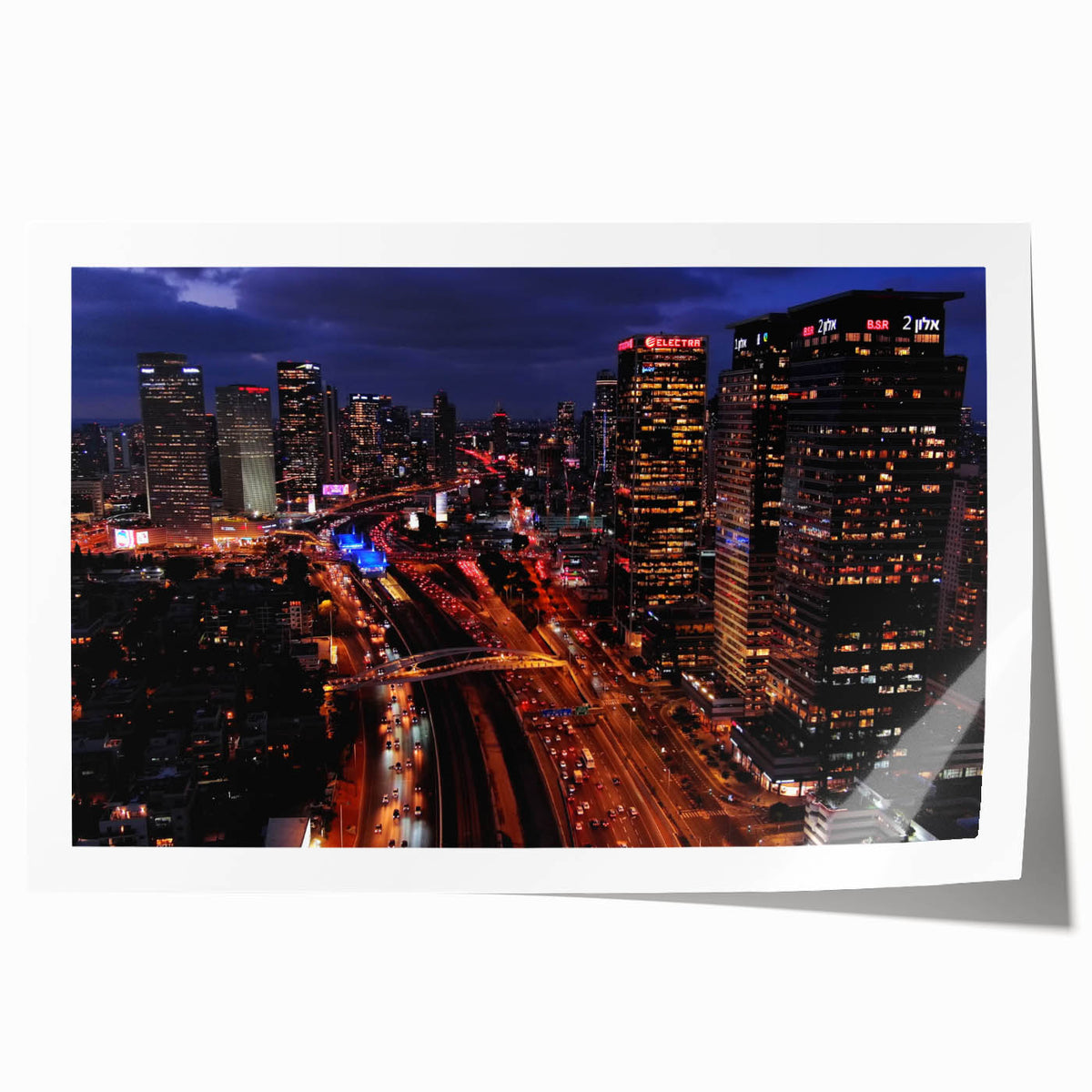 Tel Aviv cityscape in muted earth tones on a large rolled canvas, suitable for dining room or bathroom decor.