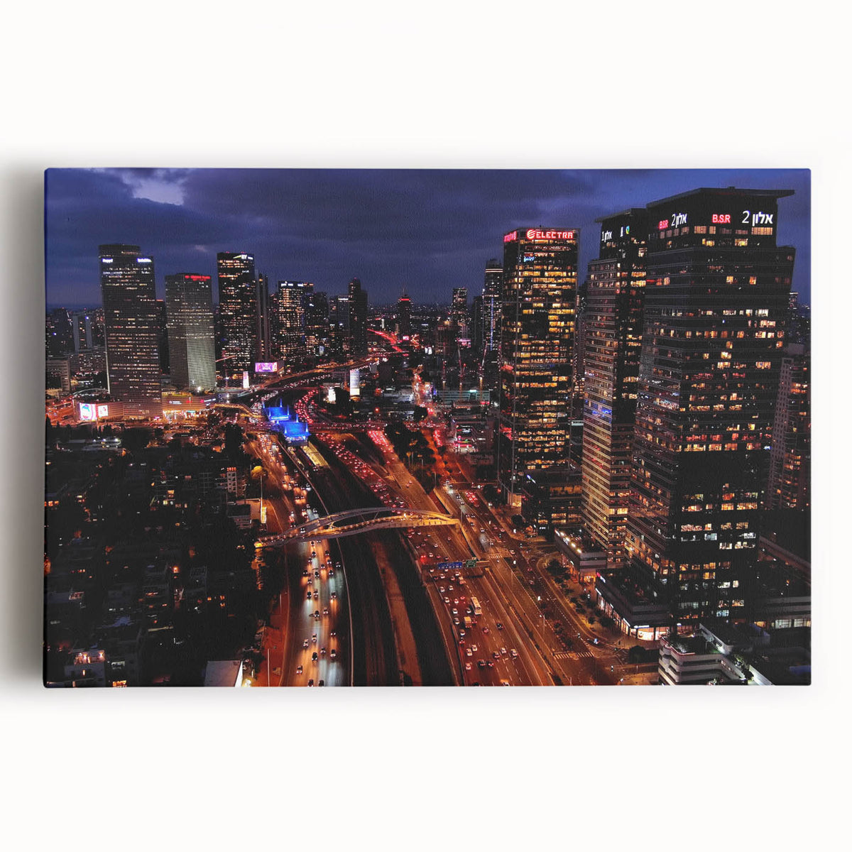 Black and white large art print of Tel Aviv skyline on stretched canvas, ideal for kitchen wall art.