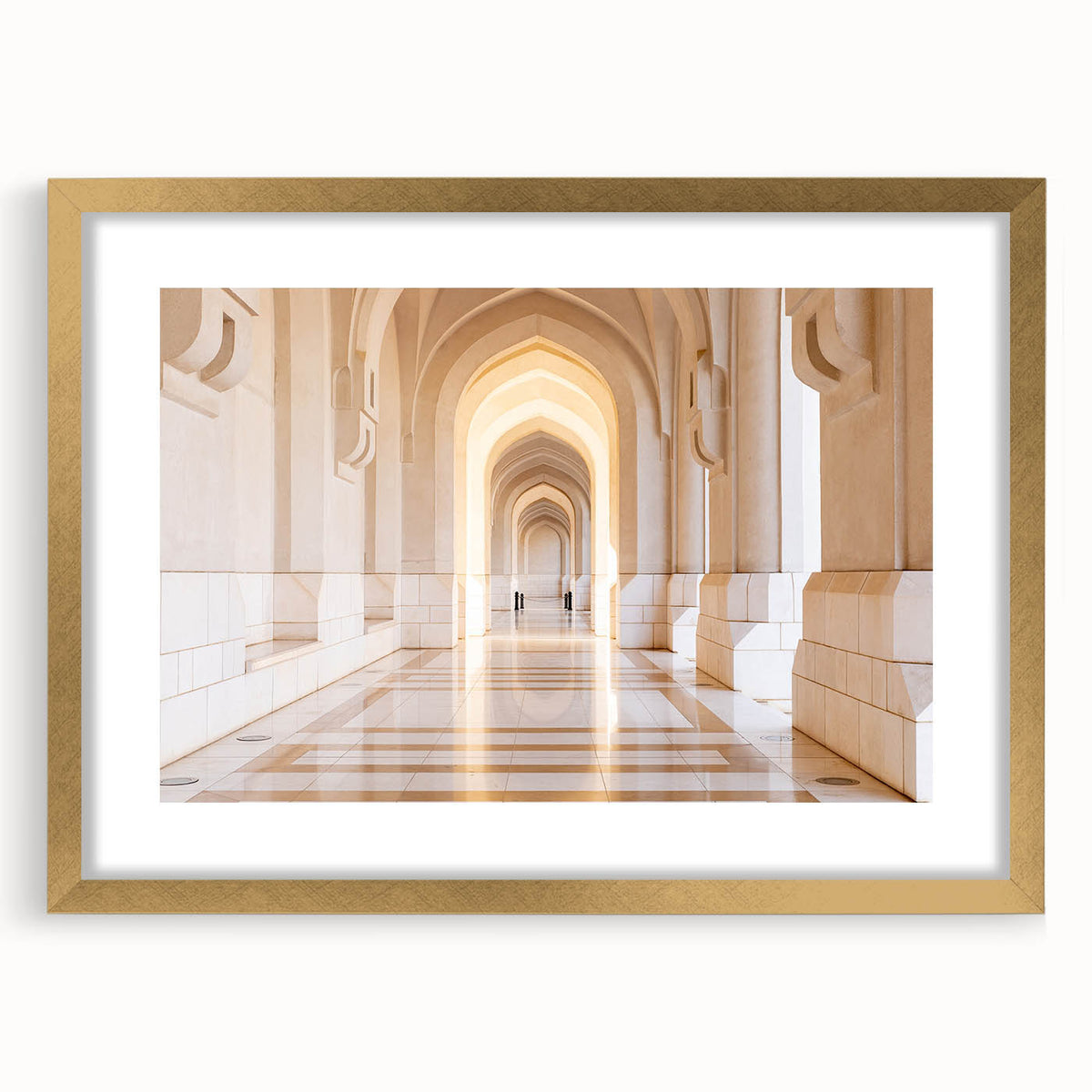 Extra large abstract art print featuring textured scenery of Oman, in muted earth tones, framed in gold.
