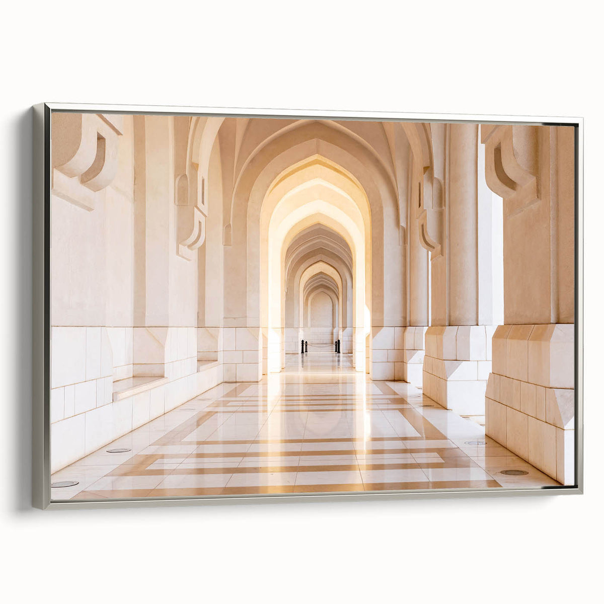 Landscape art painting of a Middle Eastern desert scene on a framed canvas, featuring muted earth tones with black accents.