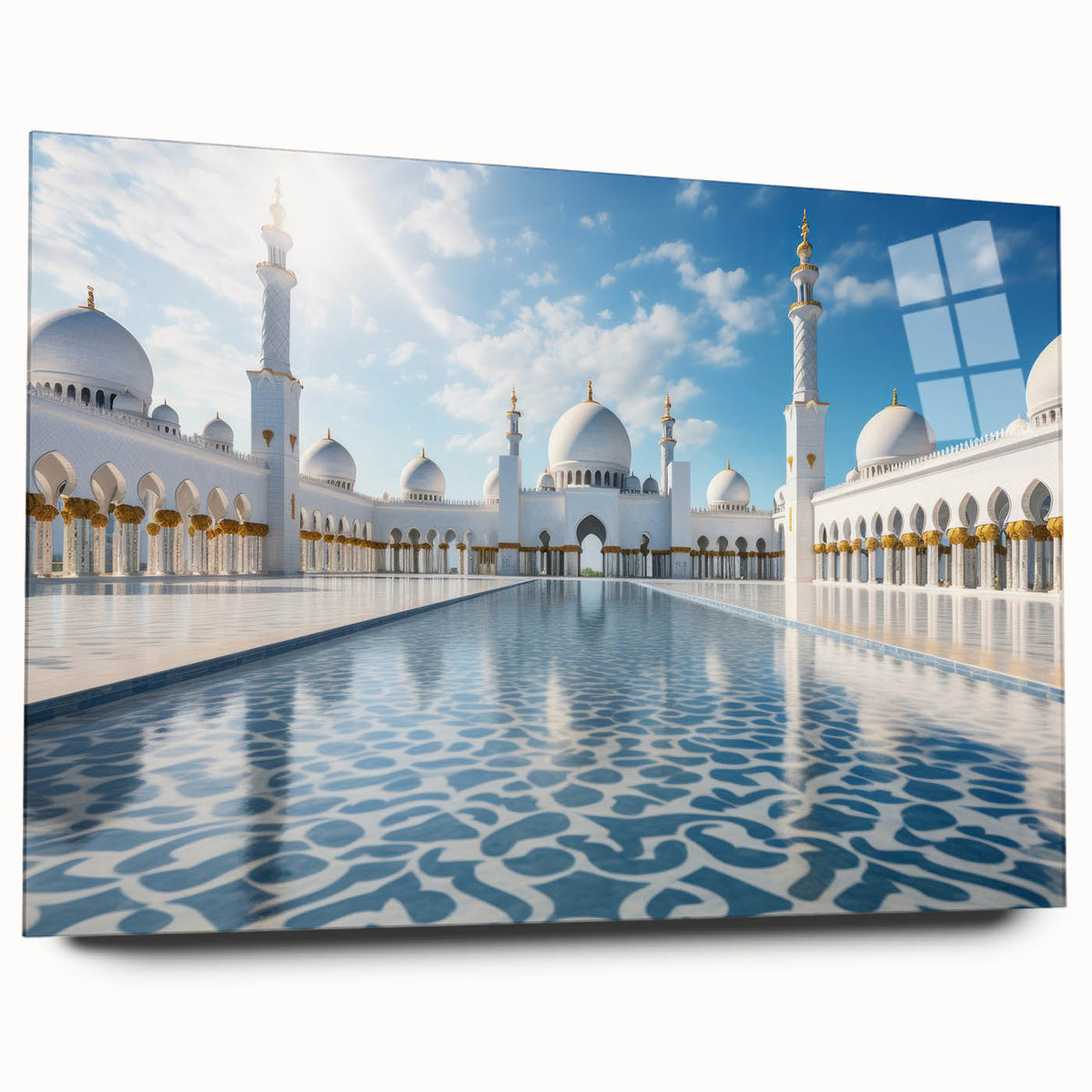Large abstract wall art of Abu Dhabi skyline in muted gray and blue tones on acrylic glass.