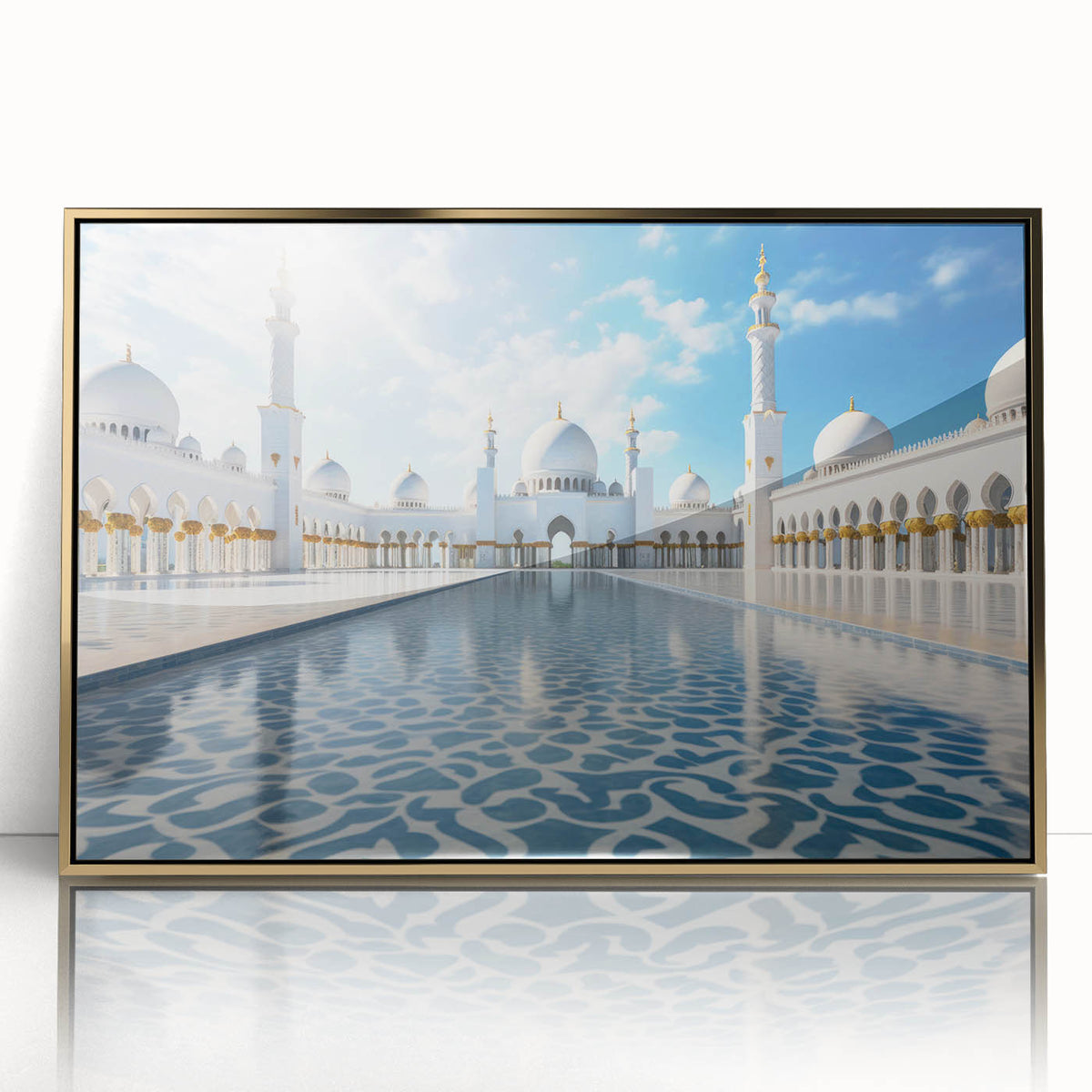 Framed acrylic print of Abu Dhabi skyline in gold and blue tones, ideal for modern art wall decor.