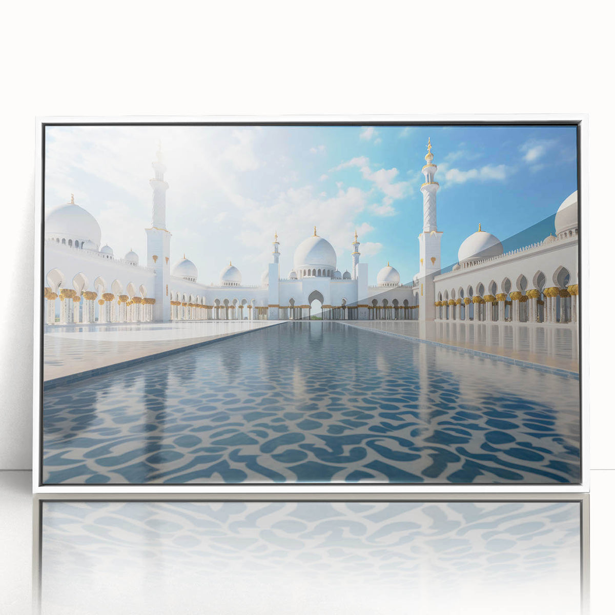 Art deco style Abu Dhabi skyline depicted in neutral shades on a framed acrylic, suitable for modern art wall decor.