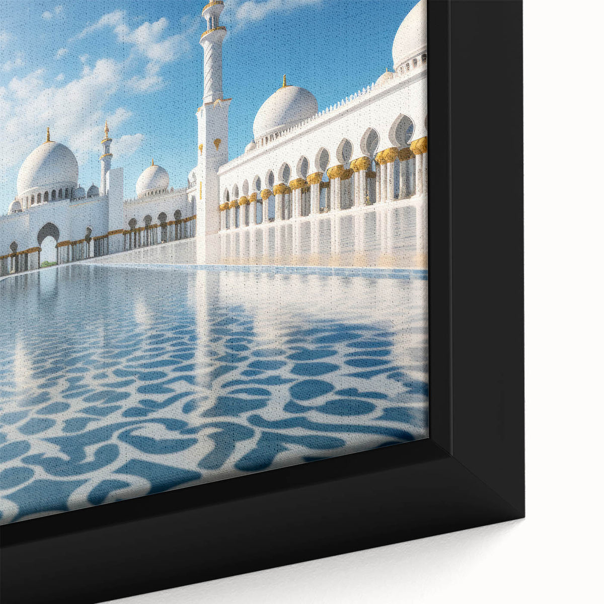 Extra large framed canvas featuring a textured depiction of the Abu Dhabi skyline in black with colorful accents.