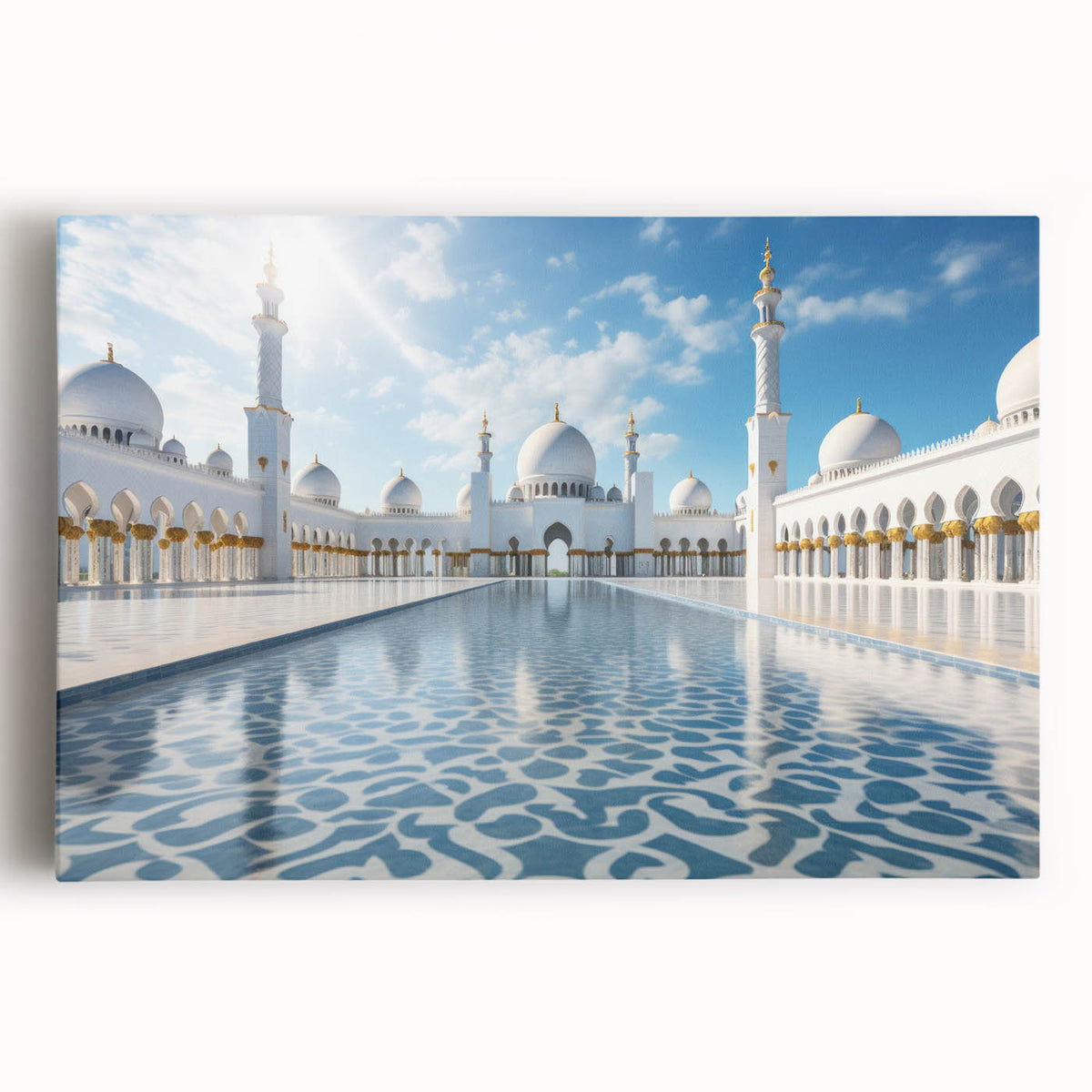Black and white stretched canvas of the Abu Dhabi skyline, ideal for kitchen art.