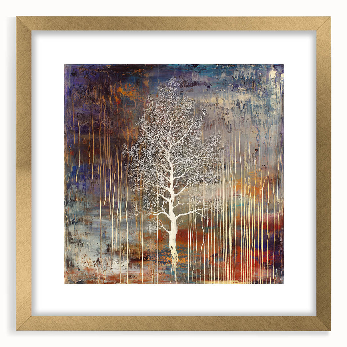 Elegant abstract floral frame with a gold mat, showcasing vibrant colors and intricate designs, perfect for enhancing home decor and artistic displays.