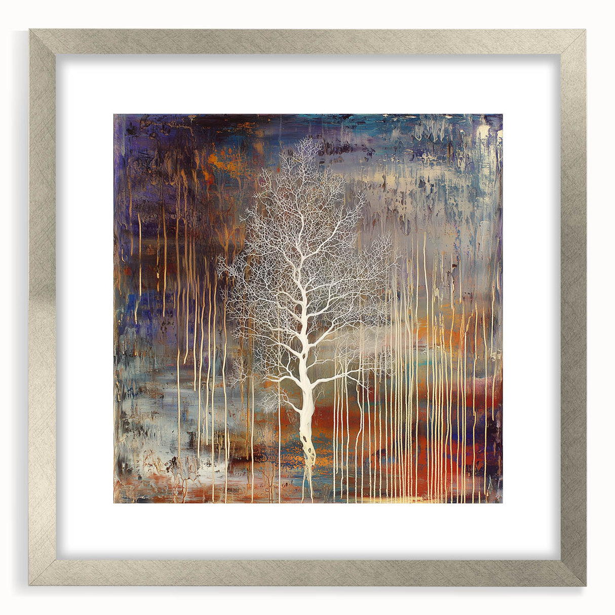 Elegant silver-framed abstract floral artwork featuring vibrant colors and intricate designs, set against a white mat background, ideal for home decor.