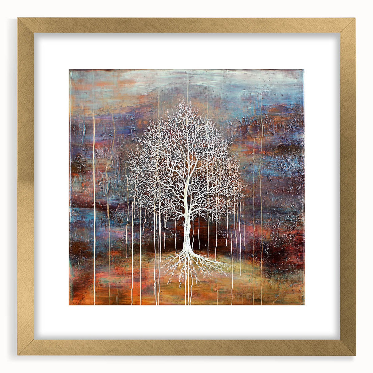 Elegant abstract floral frame with a gold mat, showcasing vibrant colors and intricate designs, ideal for enhancing home decor and adding a touch of sophistication.