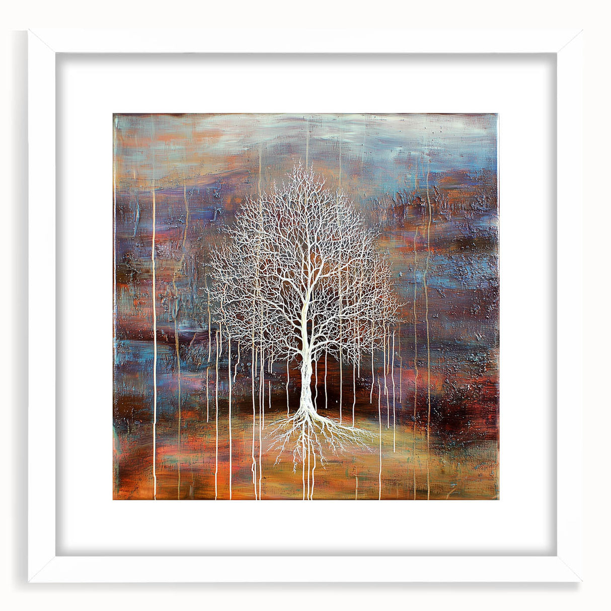 Abstract floral design framed in white matting, showcasing vibrant colors and intricate details, perfect for modern home decor. Ideal for gallery walls.