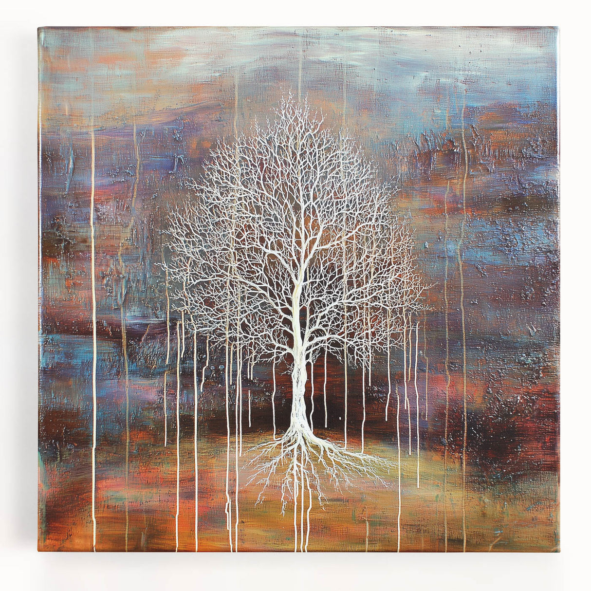 Vibrant abstract floral stretched canvas art showcasing a colorful blend of shapes and hues, perfect for modern home decor and wall enhancement.