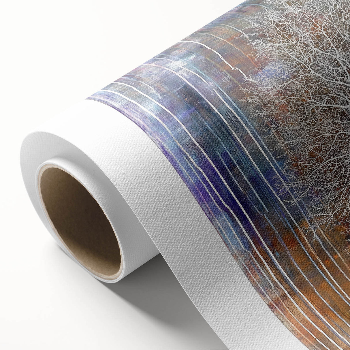 Abstract floral canvas artwork showcasing vibrant colors and intricate patterns, elegantly rolled for display. Perfect for adding a modern touch to home decor.