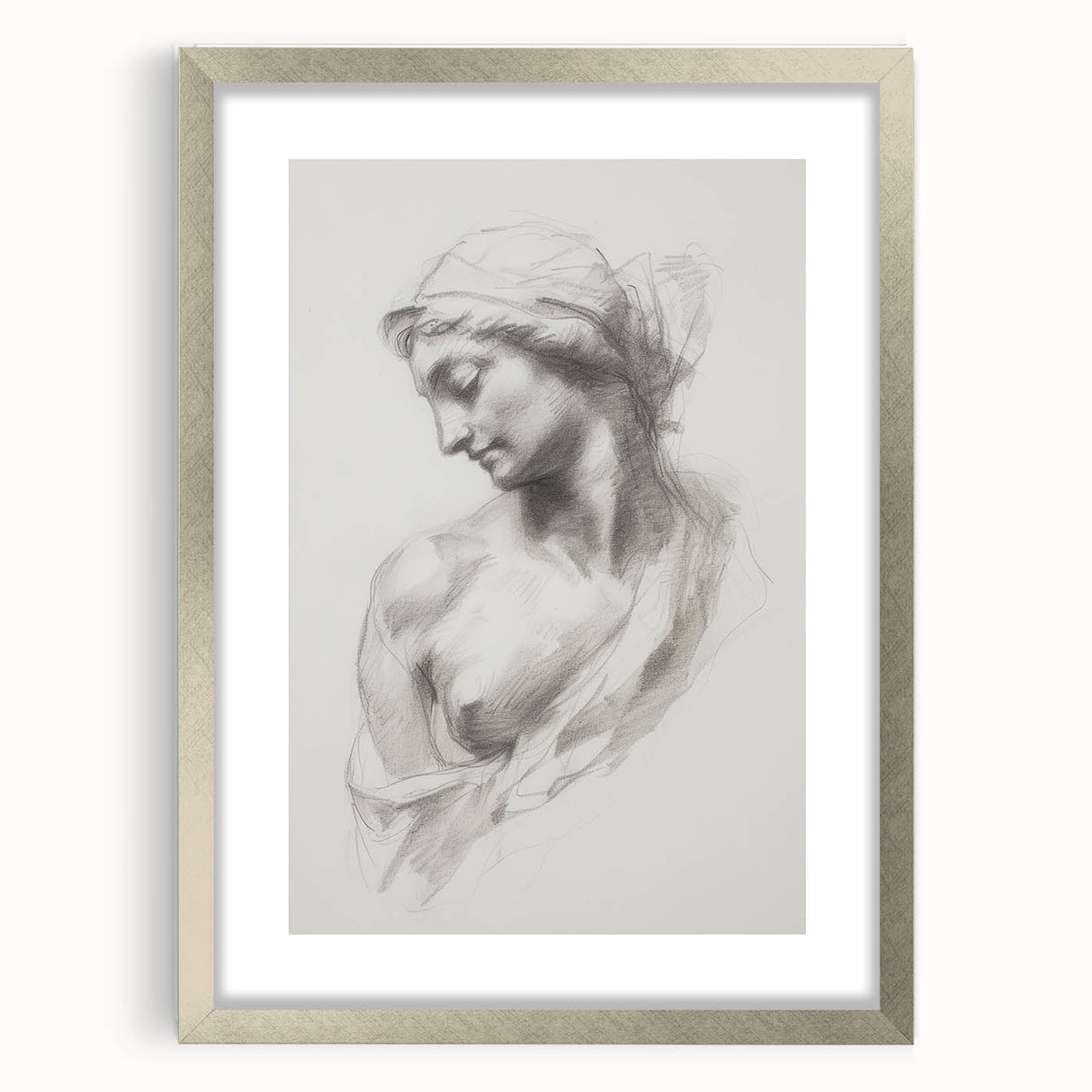 Abstract figurative silver frame with mat, showcasing a modern art piece that combines soft colors and geometric shapes, ideal for contemporary decor.