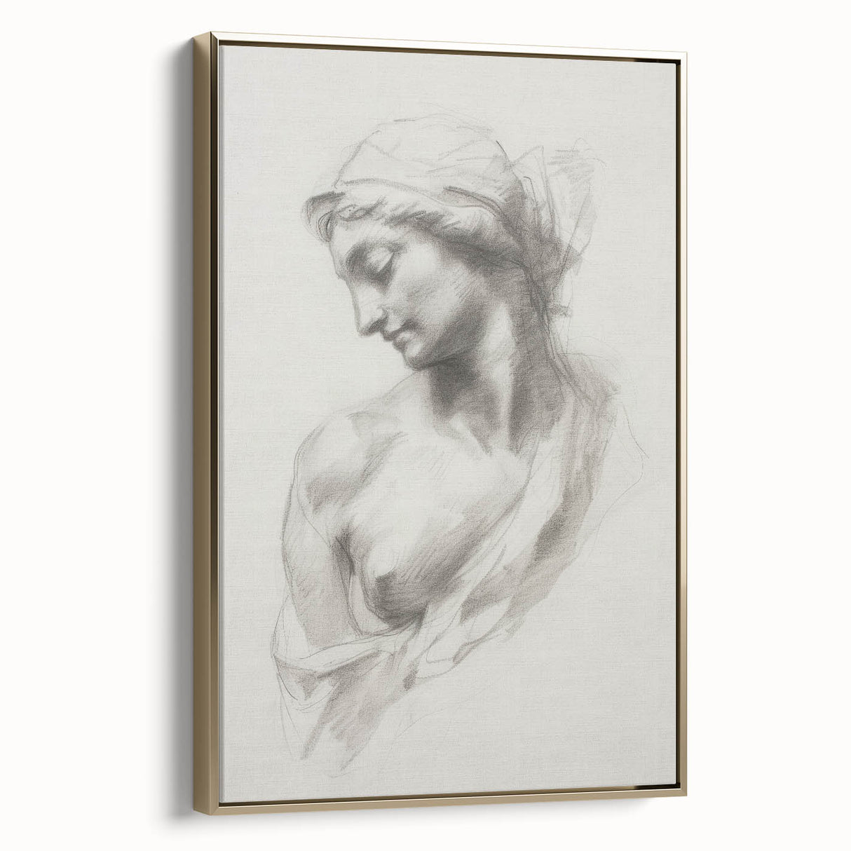 Abstract figurative framed canvas artwork showcasing a gold side view with intricate detailing, perfect for modern home decor and artistic expression.