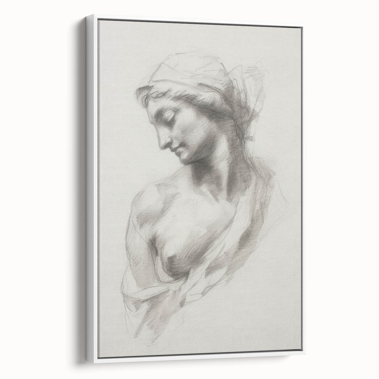 Framed abstract figurative canvas artwork in a contemporary white frame, showcasing vibrant colors and dynamic shapes, perfect for modern home decor.