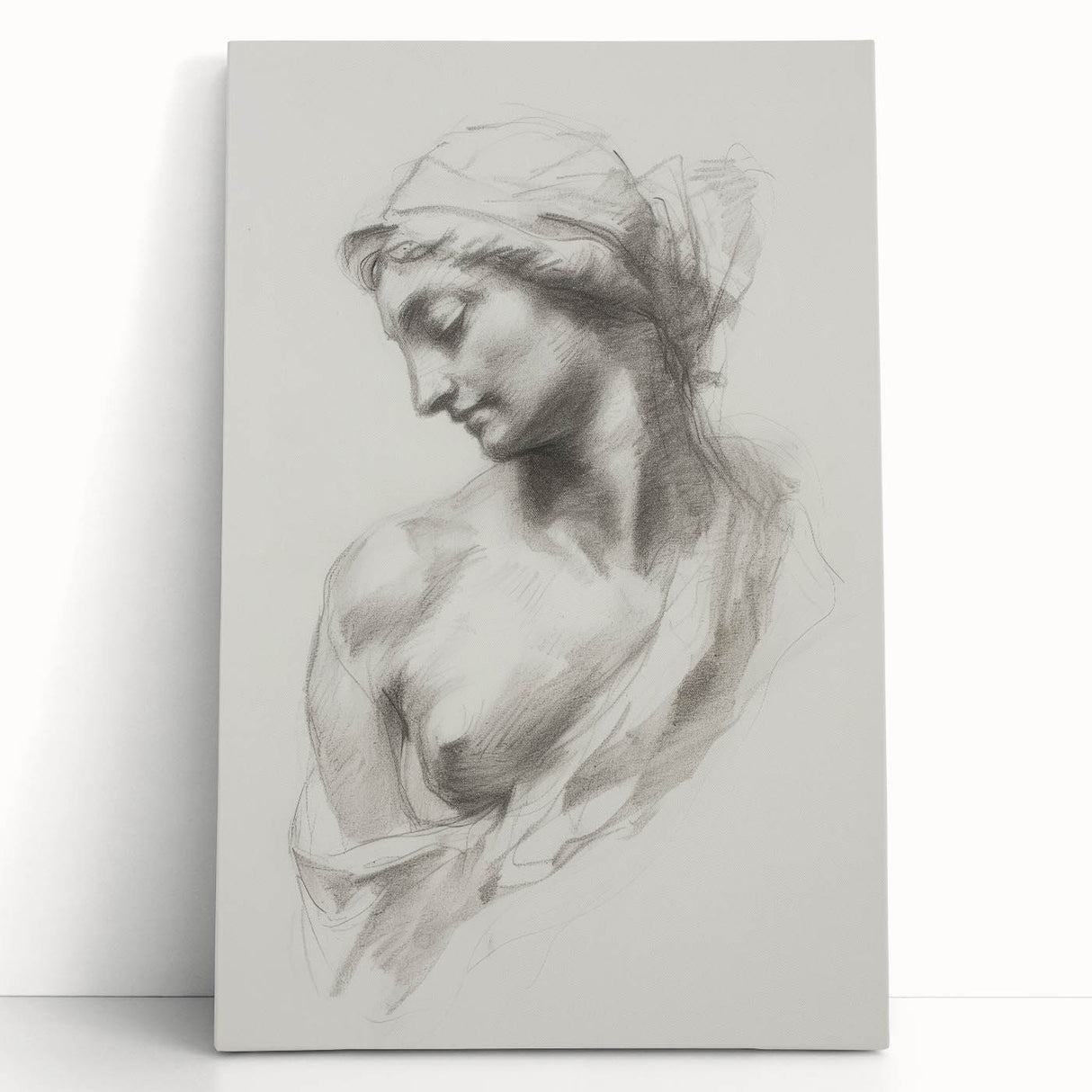 Abstract figurative stretched canvas artwork featuring vibrant colors and dynamic shapes, leaning against a rustic wall, perfect for modern decor enthusiasts.