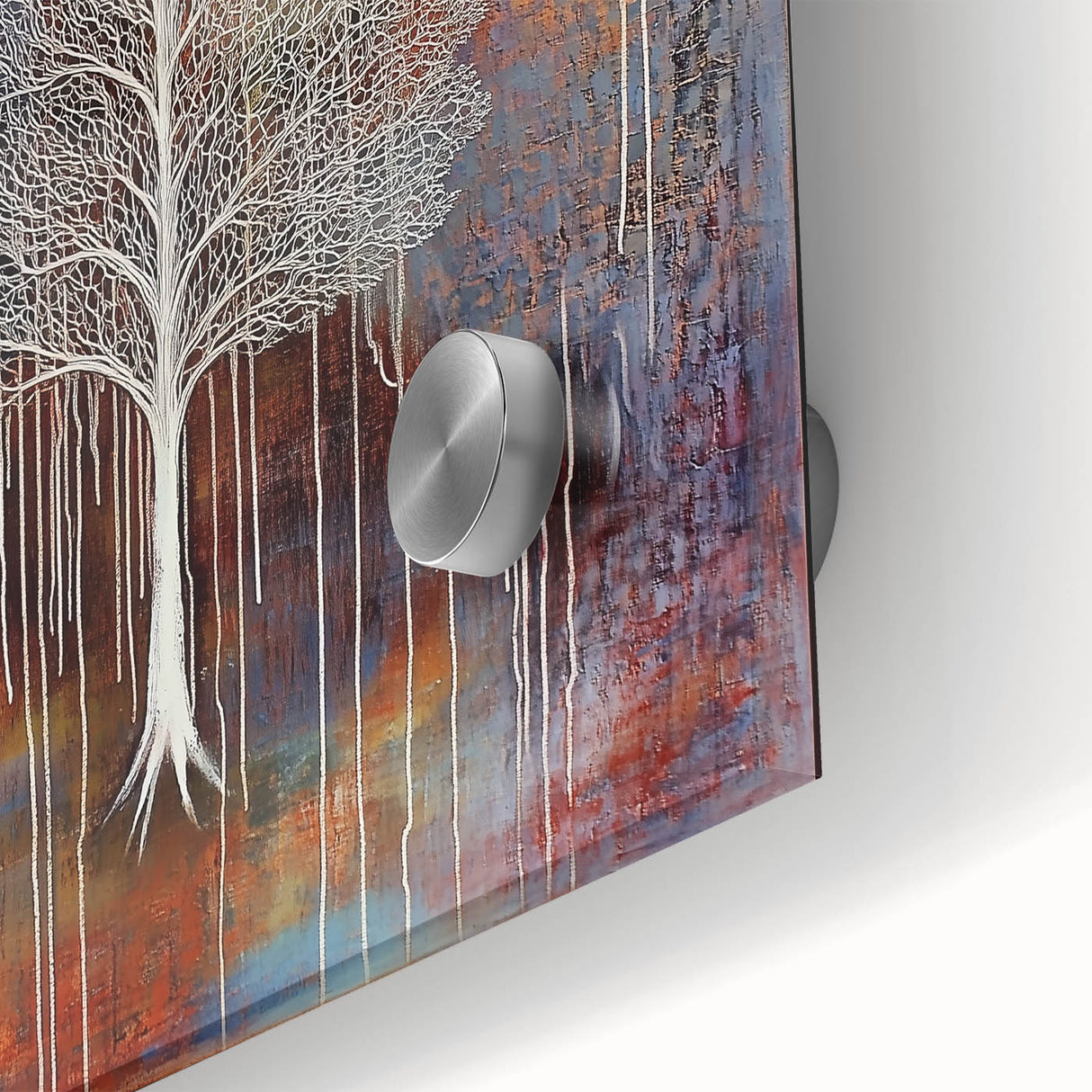 Close-up of an abstract floral acrylic glass artwork, showcasing vibrant colors and intricate details, perfect for modern home decor and artistic expression.